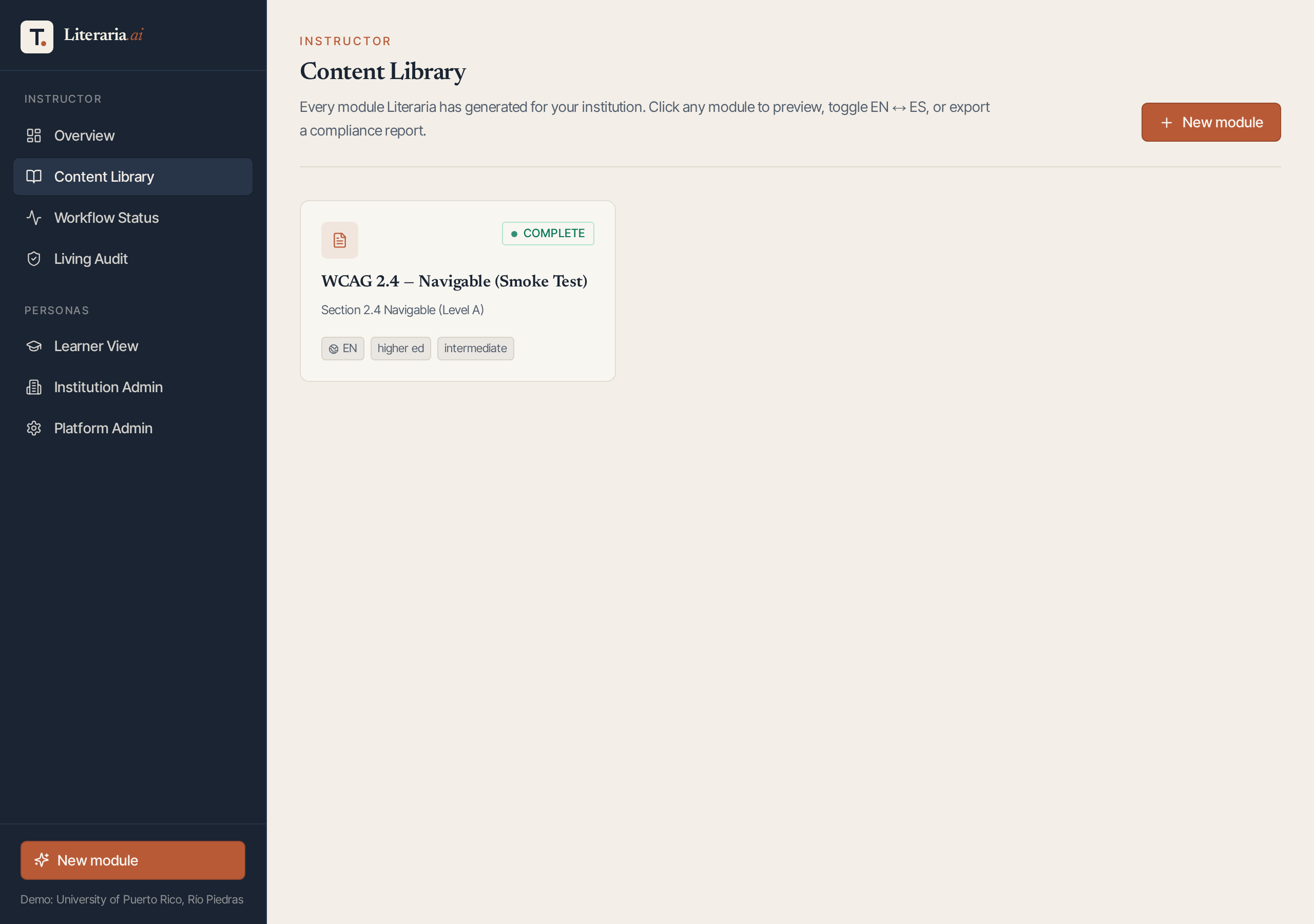 Literaria Content Library showing a WCAG 2.4 module with 100/100 compliance score