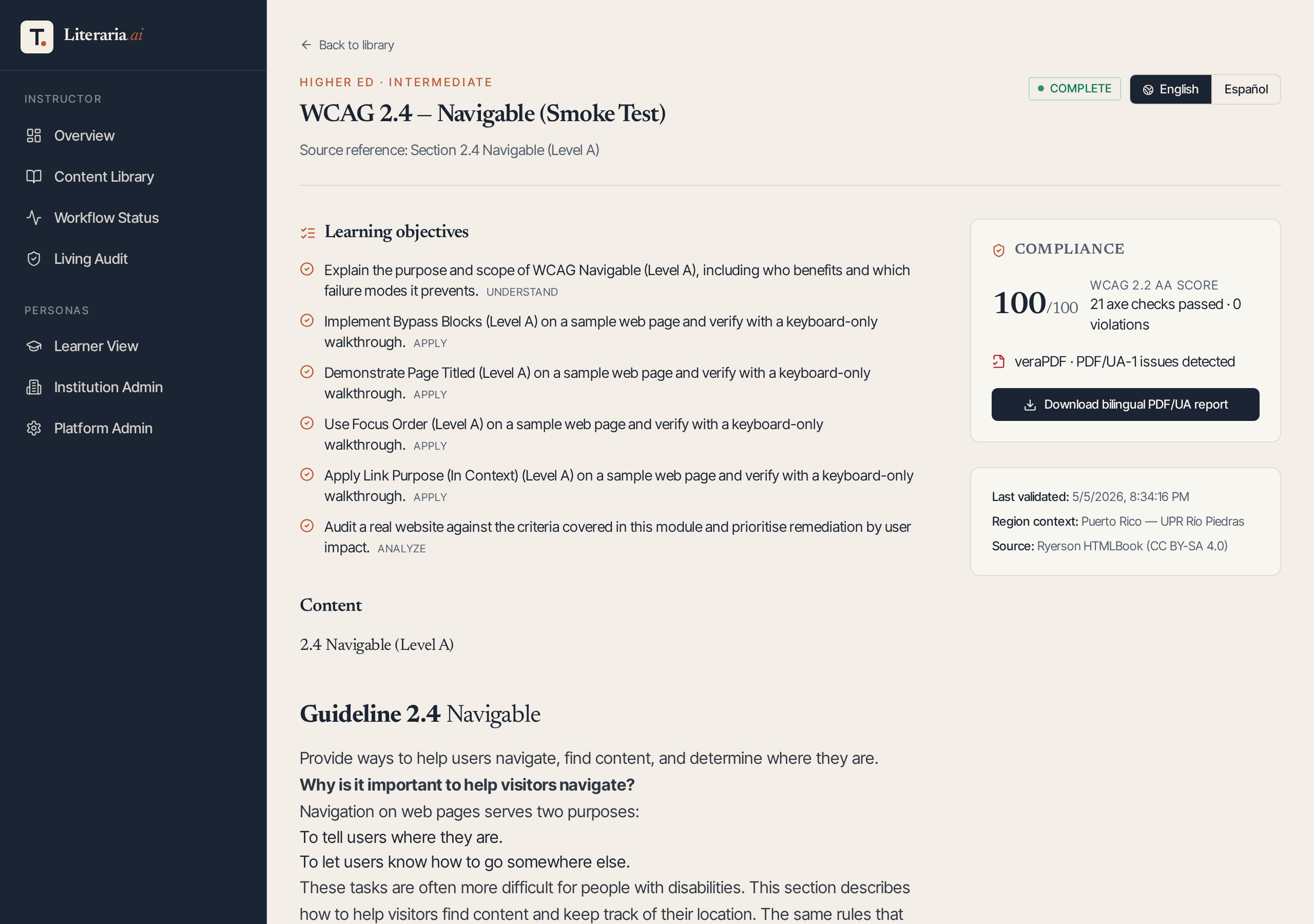 Module detail showing EN/ES toggle and 100/100 WCAG score