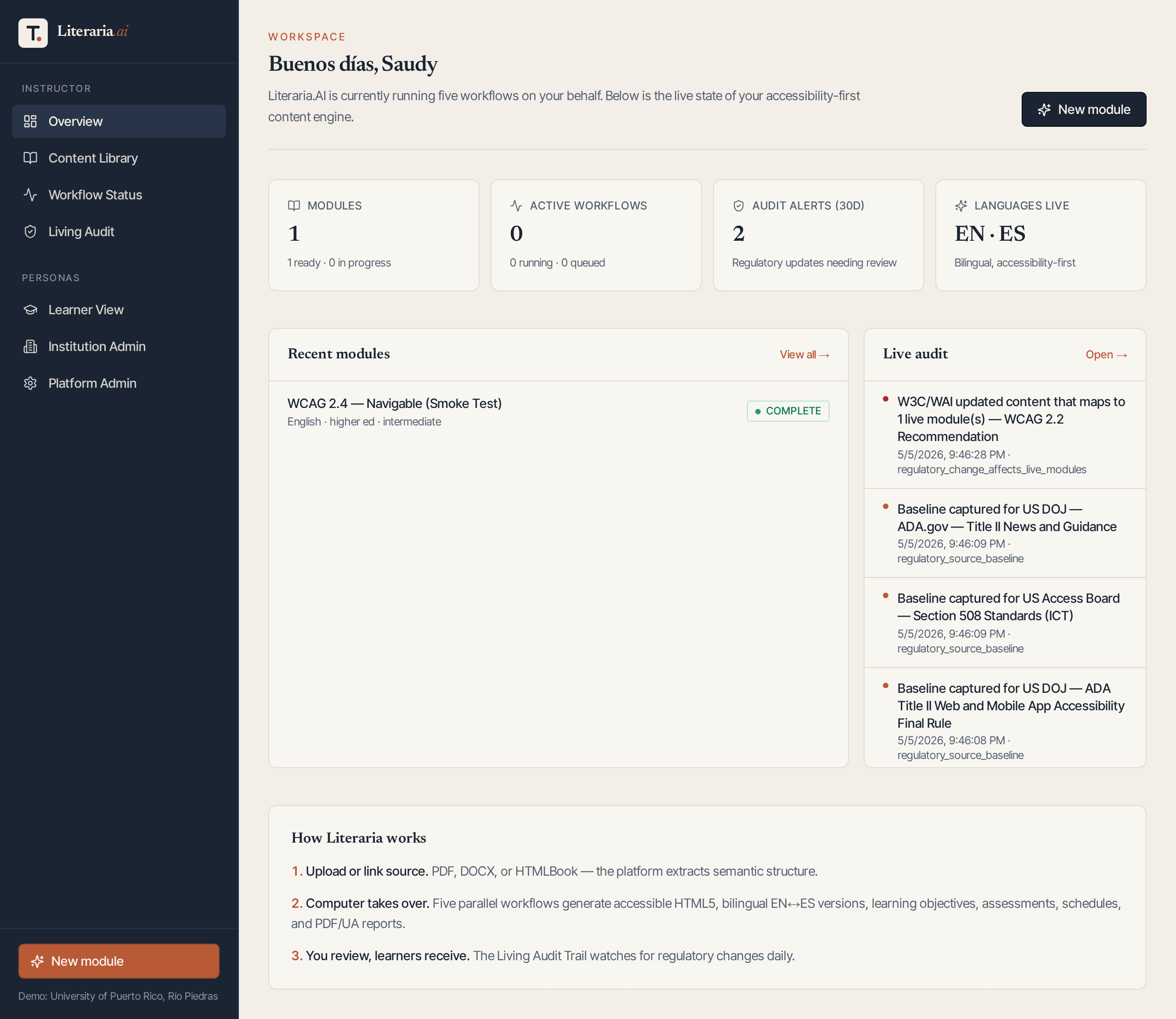 Instructor overview with KPIs, recent modules, and live audit panel